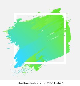 Gradient blue green strokes with paint brush texture in a white square frame isolated on white background. Vector illustration for sale banner, logo. Design for premium festive card or poster design.