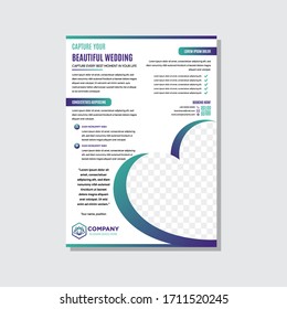 Gradient blue green of vertical flyer with love symbol on bottom right as place for photo or image. White background. 
