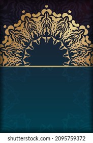 Gradient blue gradient greeting card template with Indian gold pattern prepared for typography.