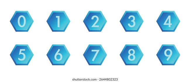Gradiente azul hexagonal digital botão número 0-9 definido.