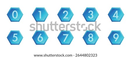 Gradient blue hexagonal digital button number 0-9 set.
