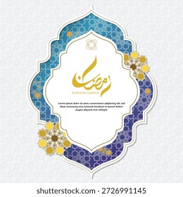 Gradiente Azul Arco Islâmico Ramadã Kareem Fundo com ouro árabe caligrafia. . Projetado para saudações do Ramadã Kareem, este modelo editável é perfeito para convites, postagens em mídias sociais, banners, gravuras e marcas festivas com uma estética islâmica atemporal.