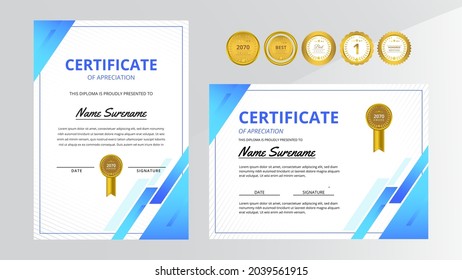 Gradient Blue Luxury Certificate With Gold Badge Set For Award, Business, And Education Needs