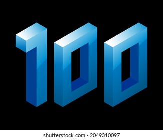 Gradient blue number 100 in isometric style. Isolated on black background. Water texture. Learning numbers, serial number, price, place. Vector illustration