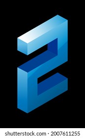 Gradient blue number 2 in isometric style. Isolated on black background. Water texture. Learning numbers, serial number, price, place. Vector illustration