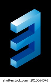 Gradient blue number 3 in isometric style. Isolated on black background. Water texture. Learning numbers, serial number, price, place. Vector illustration