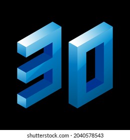 Gradient blue number 30 in isometric style. Isolated on black background. Water texture. Learning numbers, serial number, price, place. Vector illustration