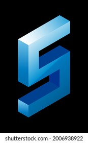 Gradient blue number 5 in isometric style. Isolated on black background. Water texture. Learning numbers, serial number, price, place. Vector illustration