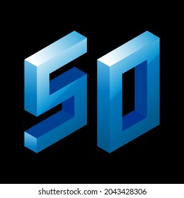 Gradient blue number 50 in isometric style. Isolated on black background. Water texture. Learning numbers, serial number, price, place. Vector illustration
