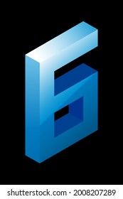 Gradient blue number 6 in isometric style. Isolated on black background. Water texture. Learning numbers, serial number, price, place. Vector illustration