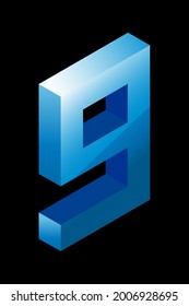 Gradient blue number 9 in isometric style. Isolated on black background. Water texture. Learning numbers, serial number, price, place. Vector illustration