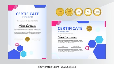 Gradient blue and pink luxury certificate with gold badge set For award, business, and education needs