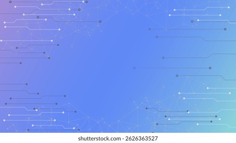 Fundo digital azul e roxo gradiente com linhas de circuito brilhantes e nós de rede. Perfeito para projetos tecnológicos futuristas, conceitos de inovação e interfaces de usuário de alta tecnologia.