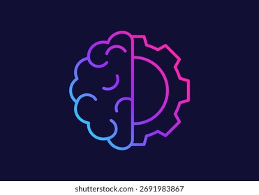 Gradiente azul ícone roxo combinando uma engrenagem e cérebro, simbolizando aprendizagem de máquina, criatividade e tecnologia cognitiva sob inteligência artificial.
