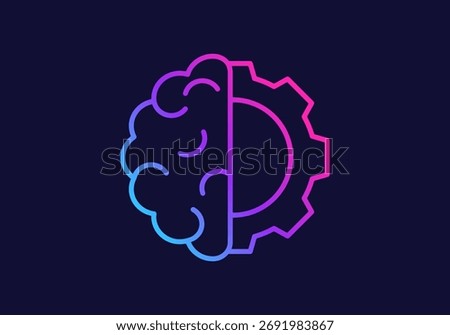 Gradient blue purple icon combining a gear and brain, symbolizing machine learning, creativity, and cognitive technology under artificial intelligence.