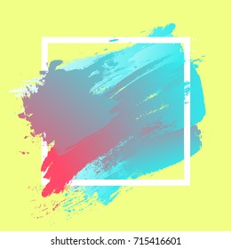 Gradient blue red strokes with paint brush texture in a white square frame isolated on yellow background. Vector illustration for sale banner, logo. Design for premium festive card or poster design.