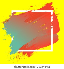 Gradient blue red strokes with paint brush texture in a white square frame isolated on yellow background. Vector illustration for sale banner, logo. Design for premium festive card or poster design.