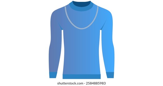 Gradient Blue Round Neck Long Sleeves Sweater With Silver Chain Vector Illustration.	