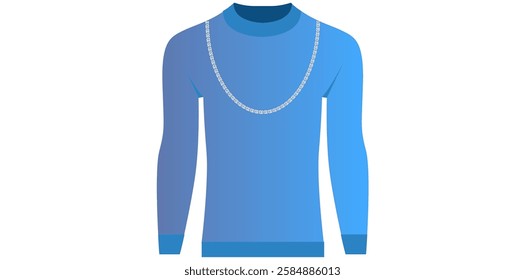 Gradient Blue Round Neck Long Sleeves Sweater With Silver Chain Vector Illustration.	