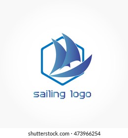 gradient blue sailing boat in hexagon frame