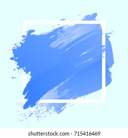 Gradient blue strokes with paint brush texture in a white square frame isolated on blue background. Vector illustration for sale banner, logo. Design for premium festive card or poster design.