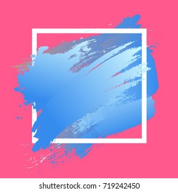 Gradient blue strokes with paint brush texture in a white square frame isolated on pink background. Vector illustration for sale banner, logo. Design for premium festive card or poster design.