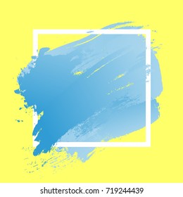 Gradient blue strokes with paint brush texture in a white square frame isolated on yellow background. Vector illustration for sale banner, logo. Design for premium festive card or poster design.