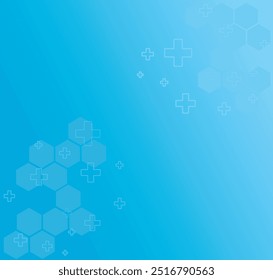 Gradient blue vector background with abstract red cross symbol and hexagon shape of science concept