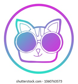 Gradient Blue, Violet, Pink Cat Sunglasses Head Typography. Flat Line Icon, Sign, Symbol Isolated Background. Graphic Design Abstract Art, Elements, Vector Illustration EPS 10