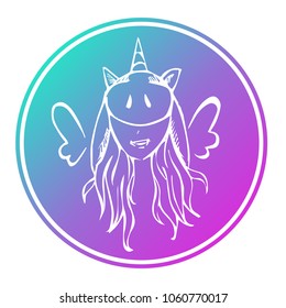 Gradient Blue, Violet, Pink Unicorn Horse Animal Fantasy Girl. Flat Line Icon, Sign, Symbol Isolated Background. Graphic Design Abstract Art, Elements, Vector Illustration EPS 10