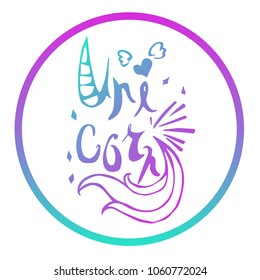 Gradient Blue, Violet, Pink Unicorn Horse Animal Fantasy Girl Typography. Flat Line Icon, Sign, Symbol Isolated Background. Graphic Design Abstract Art, Elements, Vector Illustration EPS 10