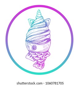 Gradient Blue, Violet, Pink Unicorn Ice Cream Food. Flat Line Icon, Sign, Symbol Isolated Background. Graphic Design Abstract Art, Elements, Vector Illustration EPS 10