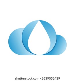 Gradient blue water drop inside cloud shape icon for modern eco tech, weather forecast, rain data, water storage services or purification solutions in minimal style.