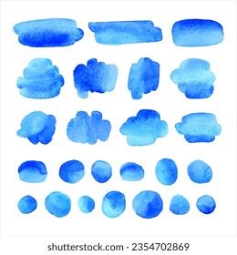 Conjunto de elementos gráficos vectoriales de color azul degradado. Aquarelle pincel, manchas, manchas, manchas, formas de acuarela redondeadas ovaladas, círculos de doodle, manchas de pintura, manchas redondas de agua. Colección de fondos