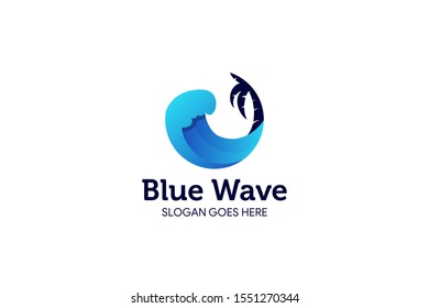 Gradient blue wave with coconut tree logo design template. Circle style