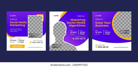 Gradient Blue Webinar Social Media with Speaker Frame Photo Concept. Social Media Template for Feed,Post and Promotional Ad on Website.