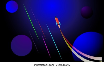 Der Farbverlauf-blu-violetter Hintergrund besteht aus geometrischen Rundwellen-Linien und Raumraketenbildern für einen Hintergrund.