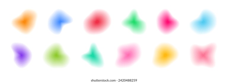 Gradient blur blob shapes. Colored figures with a smooth gradation from bright to transparent. Pack of isolated vector elements on a white background.