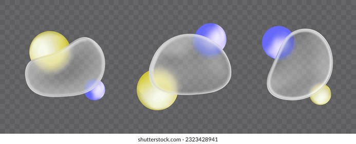 Gradient blur glass morphism 3d vector effect with blob shape. Abstract plastic glossy circle and frosted liquid blurry object mockup. Soft blue and yellow blurry color glassy plate elements