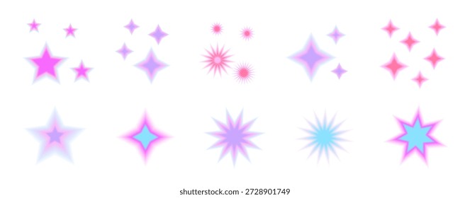 Farbverlauf unscharfe Retro-Sterne. Blinkt 90er mit Aura-Figuren gesetzt. Y2k ästhetische funkelnde Bling Gradation Effekte. Vektor abstraktes rosa violettes sternförmiges Set einzeln auf transparentem Hintergrund.