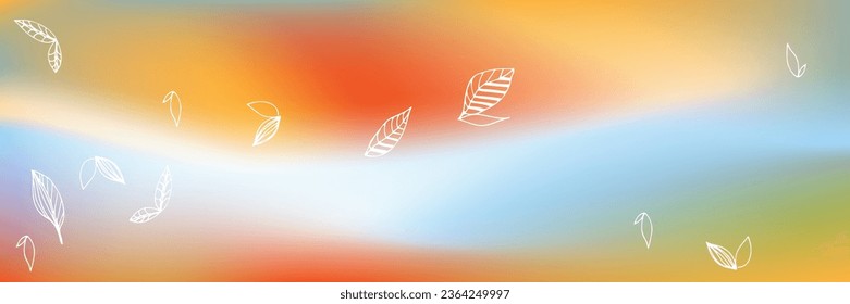 Gradient blurred background. Autumn wind. Leaves flying Leaf sketch icon symbols isolated on orange, blue Vibrant Gradient background. Abstract Natural print for autumn festival, Thanksgiving day