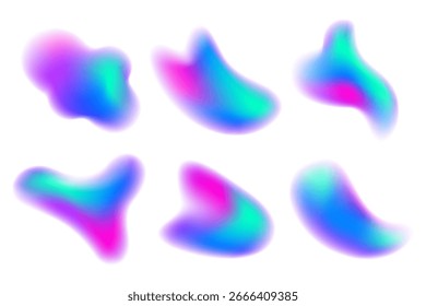 Gradient blurred shapes isolated on white background. Colored fluid liquid elements. Blue and pink soft blobs. Holographic gradation vector spots. Vibrant organic figures with aura.