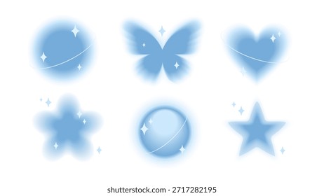 Formas borrosas degradadas en azul suave. Mariposa, corazón, flor, círculo y estrella con efecto de brillo. Iconos del vector