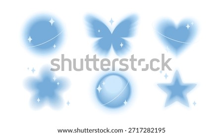 Gradient blurred shapes in soft blue. Butterfly, heart, flower, circle, and star with glow effect. Vector icons