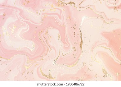 Gradient blush liquid marble or watercolor background with glitter foil textured stripes. Pink marbled alcohol ink drawing effect. Vector illustration design template for wedding invitation.