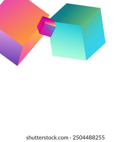 Gradient Box Vector White Background. Holographic Style Polygon Paper. 3d Confetti Brochure. Iridescent Rhombus Perspective Pattern.