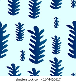 gradient branches with leaves silhouette botanical pattern seamless vector blue background