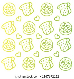 gradient bread and donuts doodle illustration pattern with heart on white background
