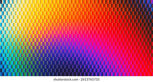Gradient brick pattern with colorful fractal glass effect and illuminated with warm blending glowing tones. Vibrant rainbow glowing bright color through geometric structural glass. Vector background