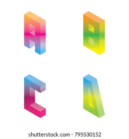 Gradient bright isometric letters A B C D in vivid colors, isolated on white background. Vector font collection